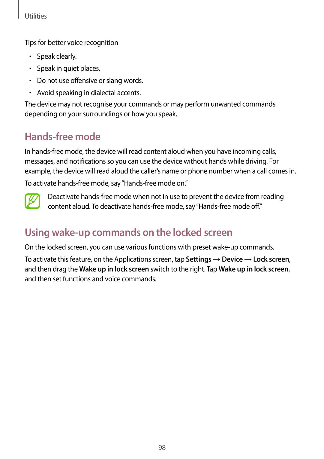 Samsung SM-G7102VBABTC, SM-G7102ZDAMID, SM-G7102ZDAXSG manual Hands-free mode, Using wake-up commands on the locked screen 