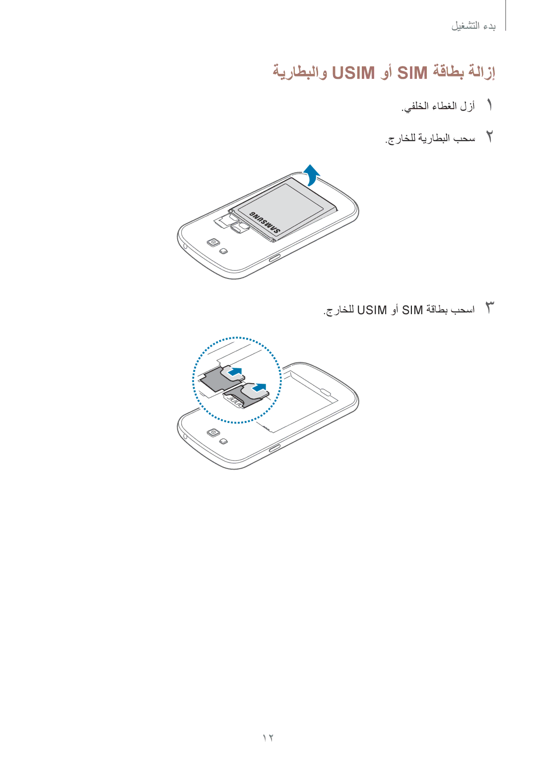 Samsung SM-G7102ZKAWTL, SM-G7102ZDAMID, SM-G7102ZDAXSG, SM-G7102ZKATMC, SM-G7102ZKAXFE manual ةيراطبلاو Usim وأ SIM ةقاطب ةلازإ 