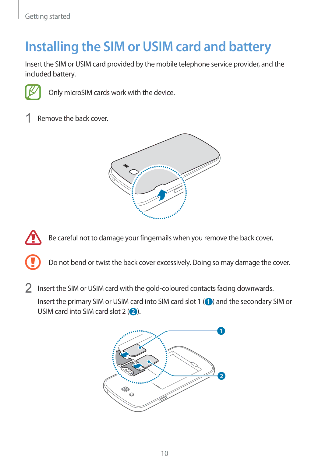 Samsung SM-G7102ZIAPAK, SM-G7102ZDAMID, SM-G7102ZDAXSG, SM-G7102ZKATMC manual Installing the SIM or Usim card and battery 