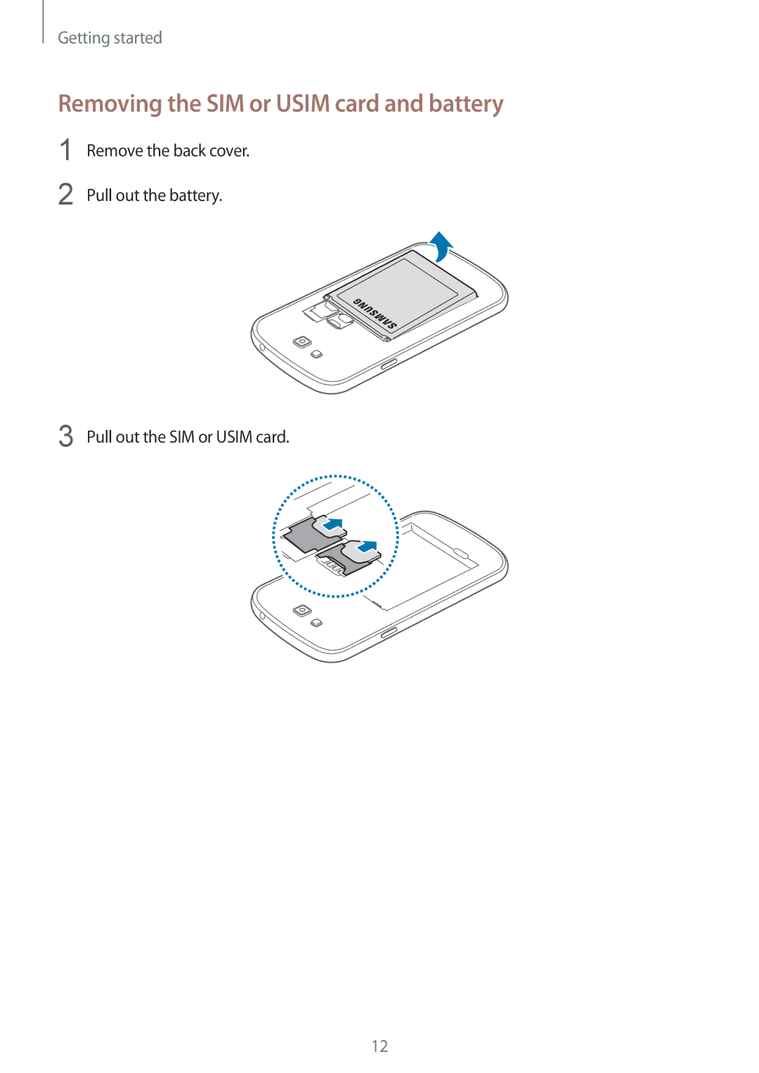 Samsung SM-G7102ZKAWTL, SM-G7102ZDAMID, SM-G7102ZDAXSG, SM-G7102ZKATMC manual Removing the SIM or Usim card and battery 