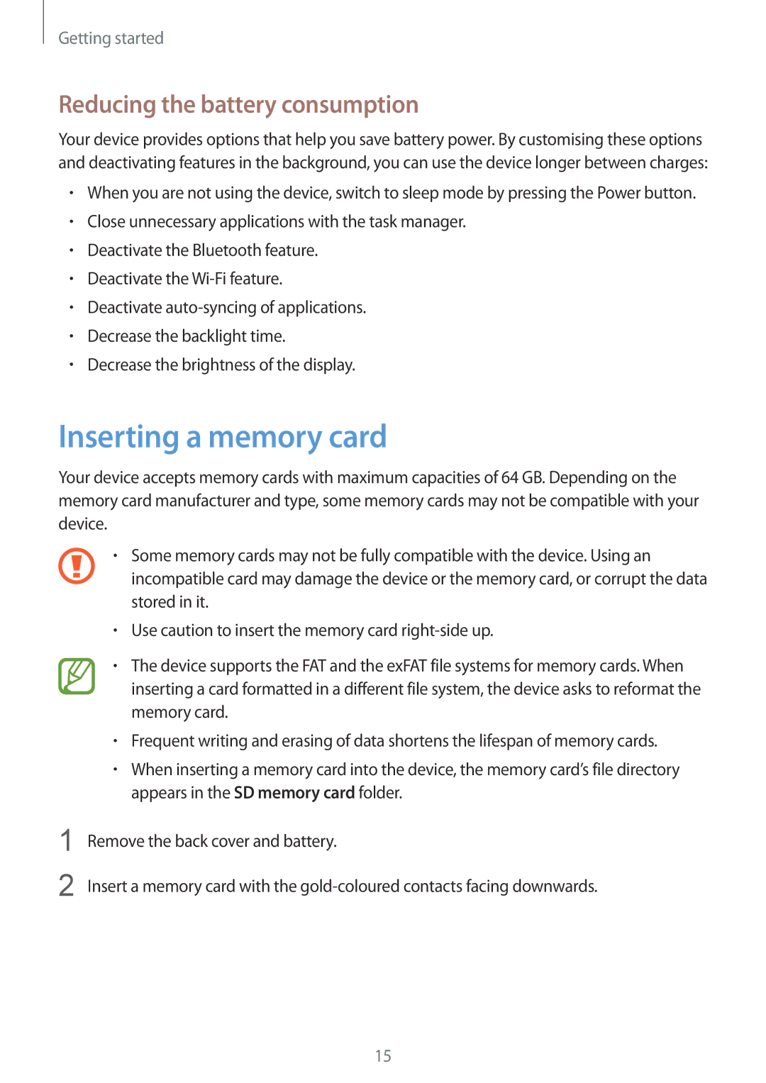 Samsung SM-G7102ZDABTC, SM-G7102ZDAMID, SM-G7102ZDAXSG manual Inserting a memory card, Reducing the battery consumption 