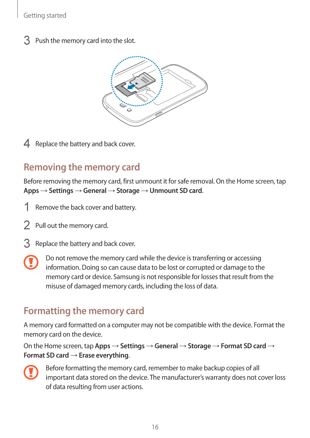 Samsung SM-G7102ZIAKSA, SM-G7102ZDAMID, SM-G7102ZDAXSG, SM-G7102ZKATMC Removing the memory card, Formatting the memory card 