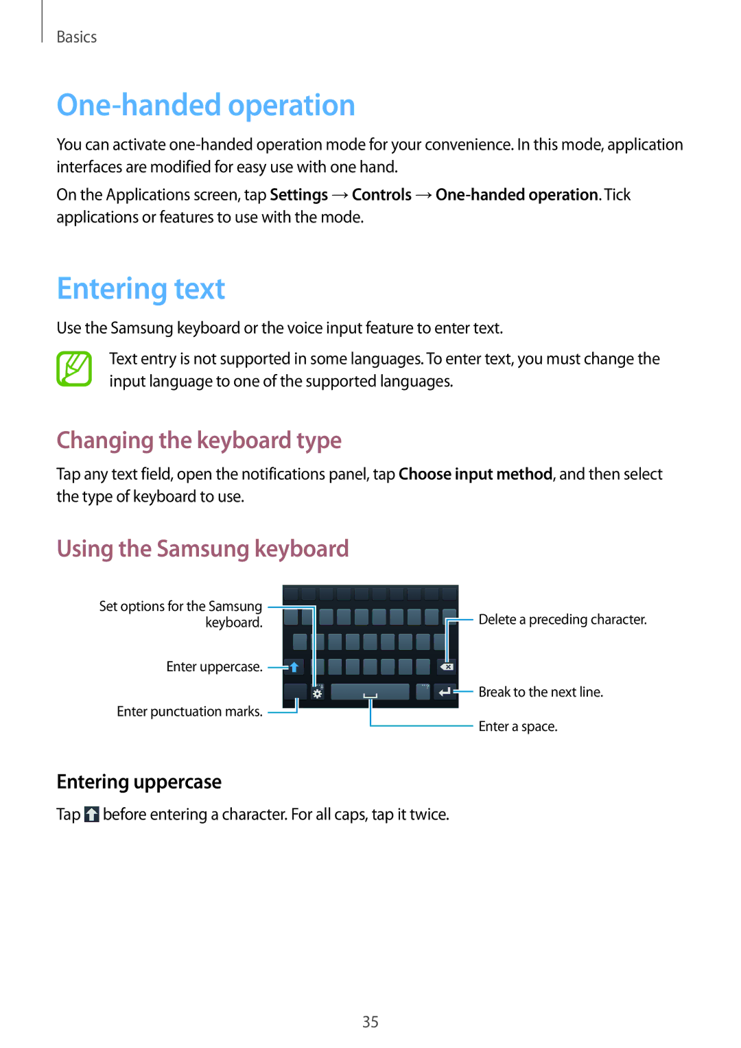 Samsung SM-G7102ZDATMC manual One-handed operation, Entering text, Changing the keyboard type, Using the Samsung keyboard 