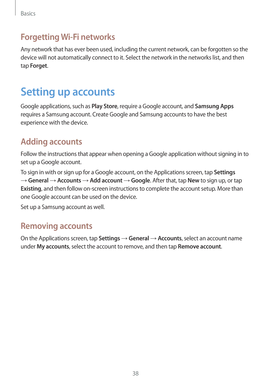 Samsung SM-G7102ZWATMC, SM-G7102ZDAMID Setting up accounts, Forgetting Wi-Fi networks, Adding accounts, Removing accounts 