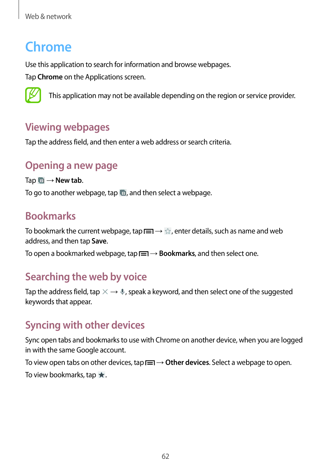 Samsung SM-G7102ZKAXFE, SM-G7102ZDAMID, SM-G7102ZDAXSG, SM-G7102ZKATMC manual Chrome, Syncing with other devices, Tap →New tab 