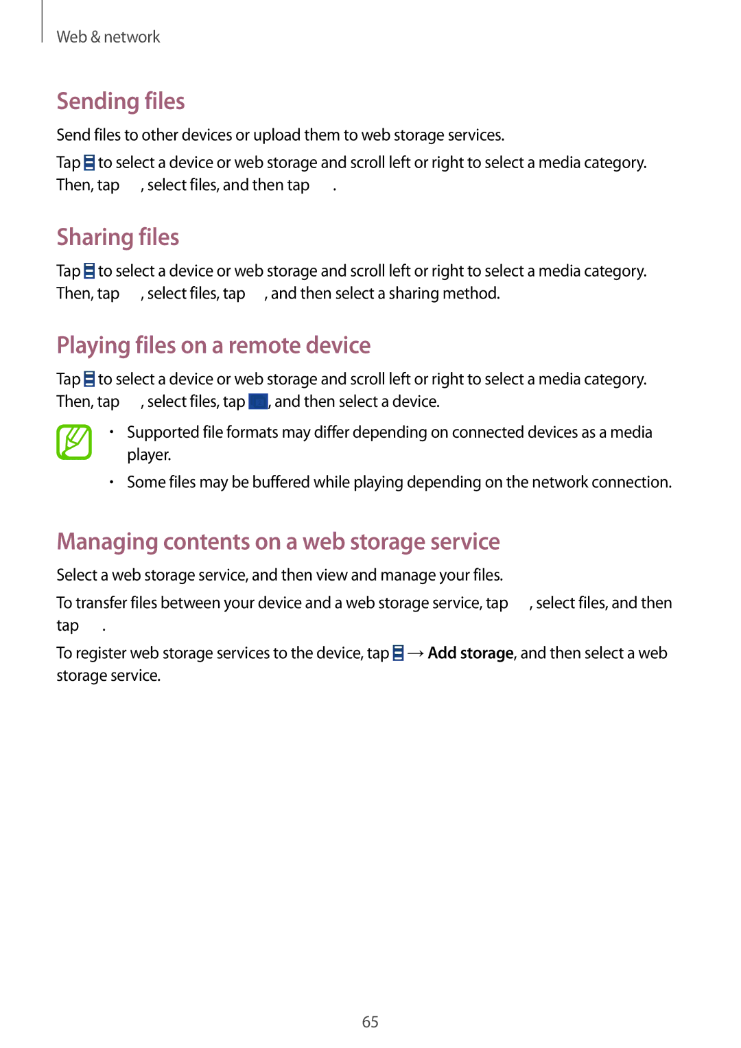 Samsung SM-G7102HAAPAK, SM-G7102ZDAMID, SM-G7102ZDAXSG manual Sending files, Sharing files, Playing files on a remote device 