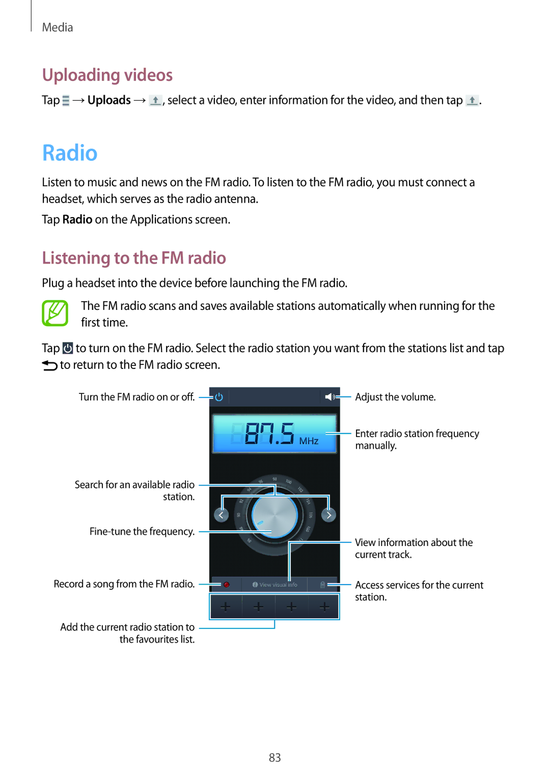 Samsung SM-G7102ZIATUN, SM-G7102ZDAMID, SM-G7102ZDAXSG, SM-G7102ZKATMC Radio, Uploading videos, Listening to the FM radio 