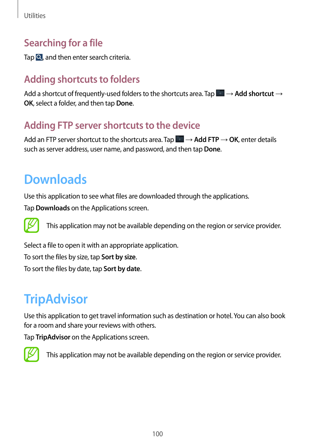 Samsung SM-G7102ZIAACR manual Downloads, TripAdvisor, Searching for a file, Adding shortcuts to folders, Utilities 
