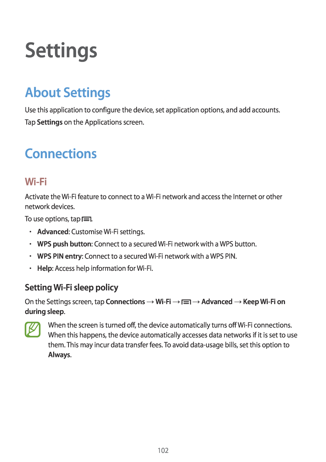 Samsung SM-G7102ZKATHR, SM-G7102ZDAMID, SM-G7102ZDAXSG manual About Settings, Connections, Setting Wi-Fi sleep policy 
