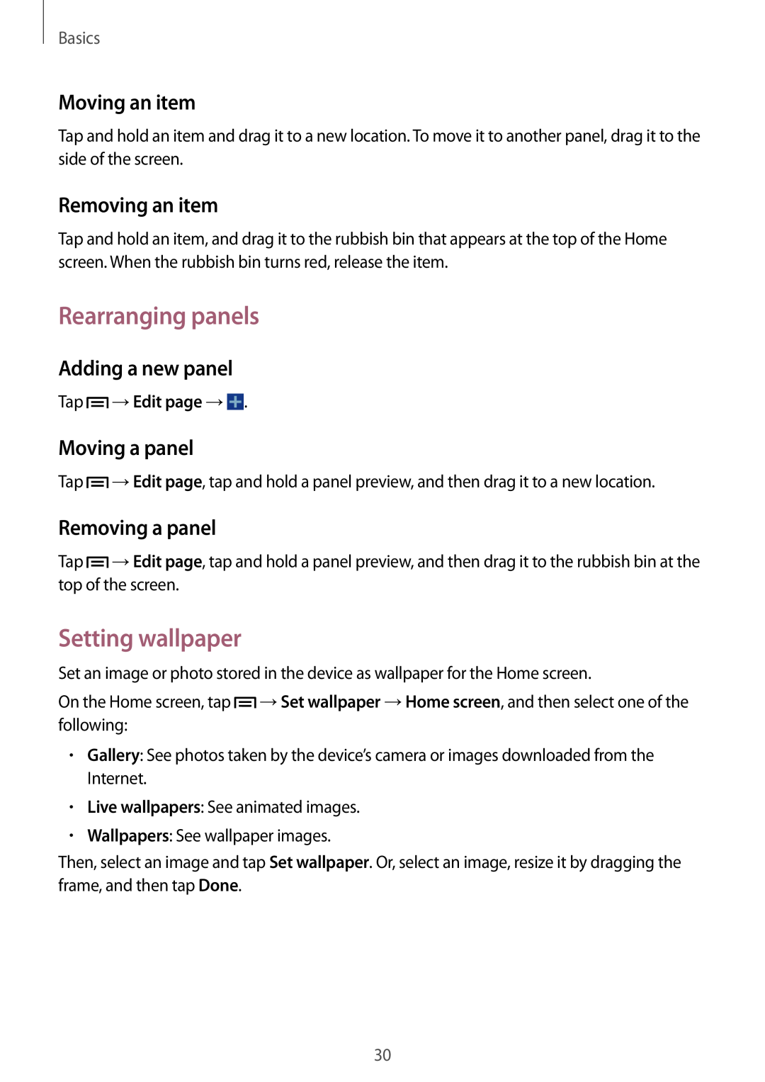 Samsung SM-G7102ZDATUN Rearranging panels, Setting wallpaper, Moving an item, Removing an item, Adding a new panel, Basics 