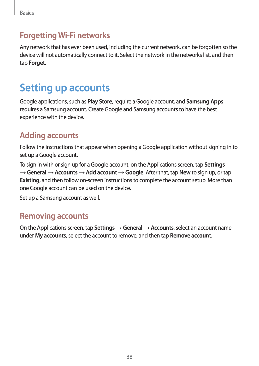 Samsung SM-G7102ZWATMC manual Setting up accounts, Forgetting Wi-Fi networks, Adding accounts, Removing accounts, Basics 