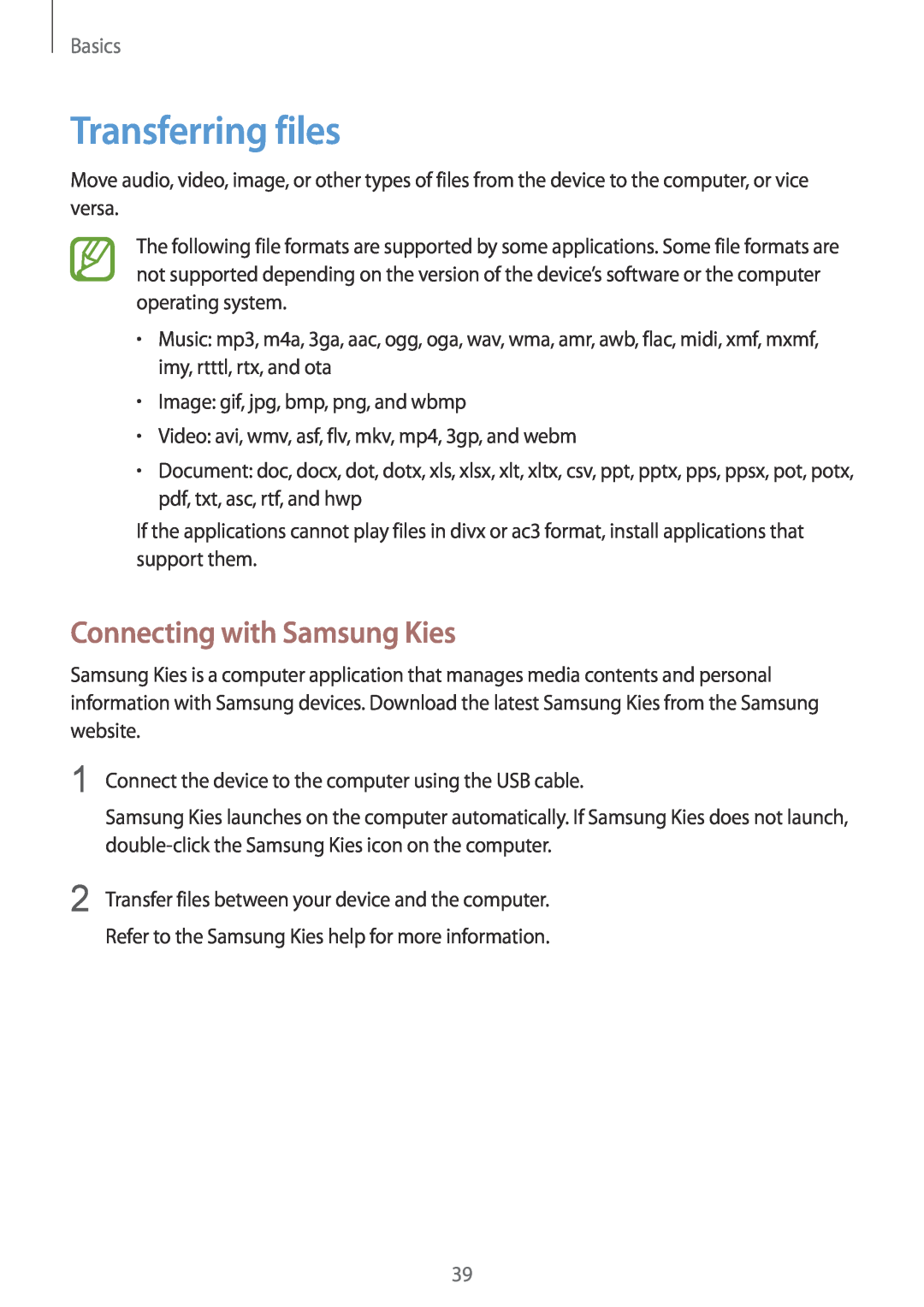 Samsung SM-G7102VBABTC, SM-G7102ZDAMID, SM-G7102ZDAXSG manual Transferring files, Connecting with Samsung Kies, Basics 