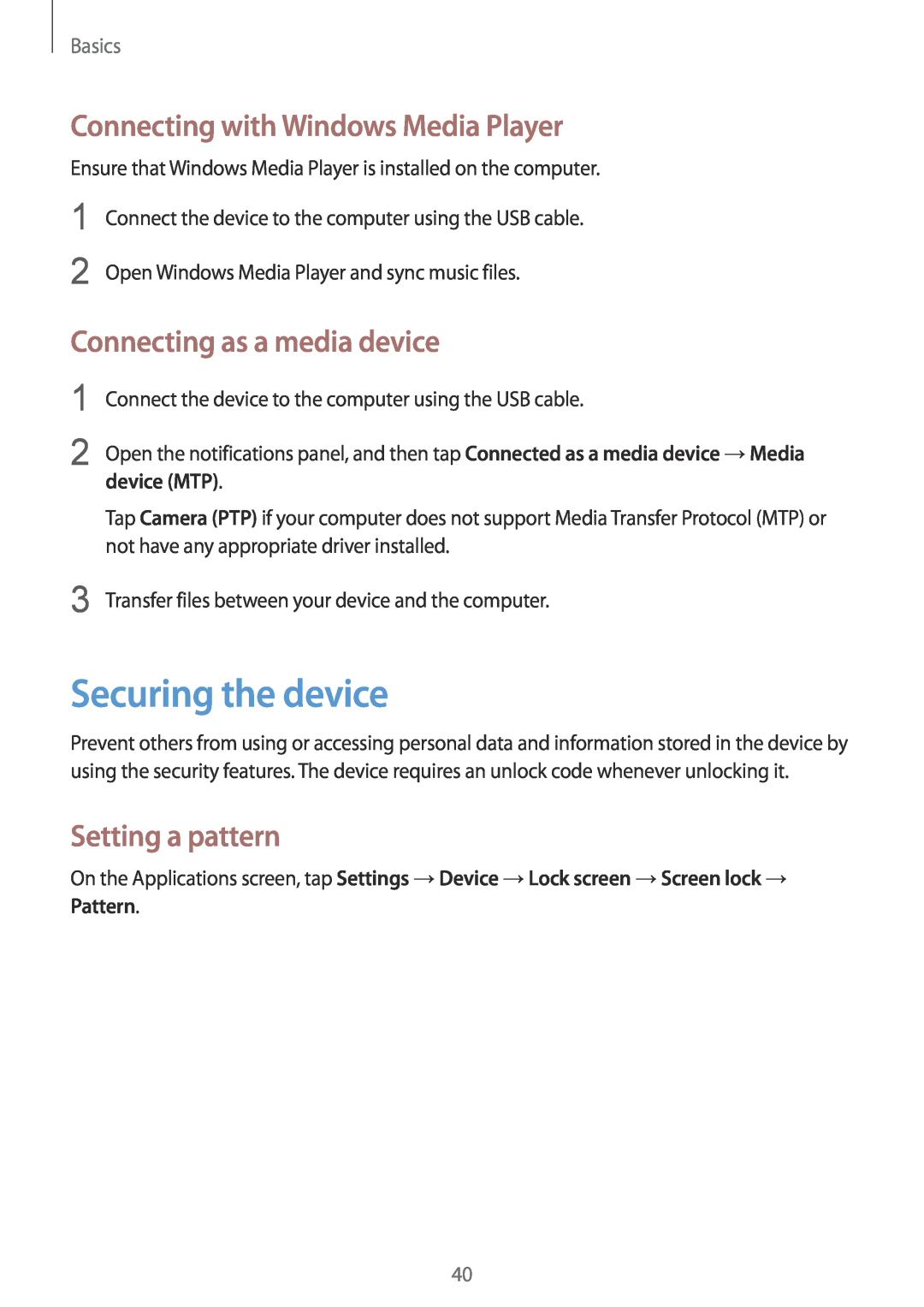 Samsung SM-G7102ZDAEGY Securing the device, Connecting with Windows Media Player, Connecting as a media device, device MTP 