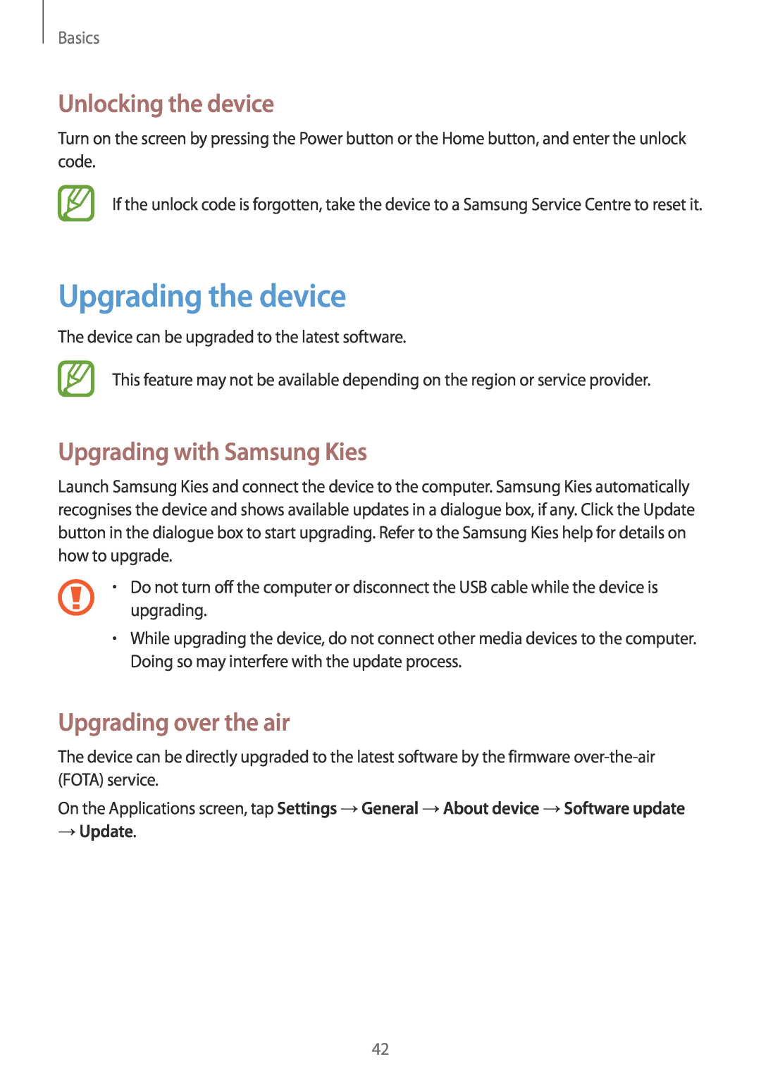 Samsung SM-G7102ZKAMID Upgrading the device, Unlocking the device, Upgrading with Samsung Kies, Upgrading over the air 