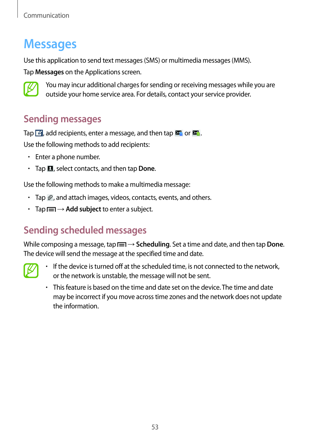 Samsung SM-G7102ZWAXXV, SM-G7102ZDAMID manual Messages, Sending messages, Sending scheduled messages, Communication 