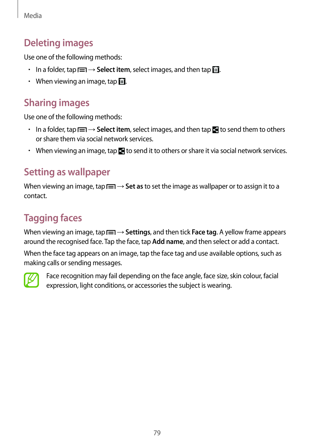 Samsung SM-G7102ZWAMRT, SM-G7102ZDAMID manual Deleting images, Sharing images, Setting as wallpaper, Tagging faces, Media 