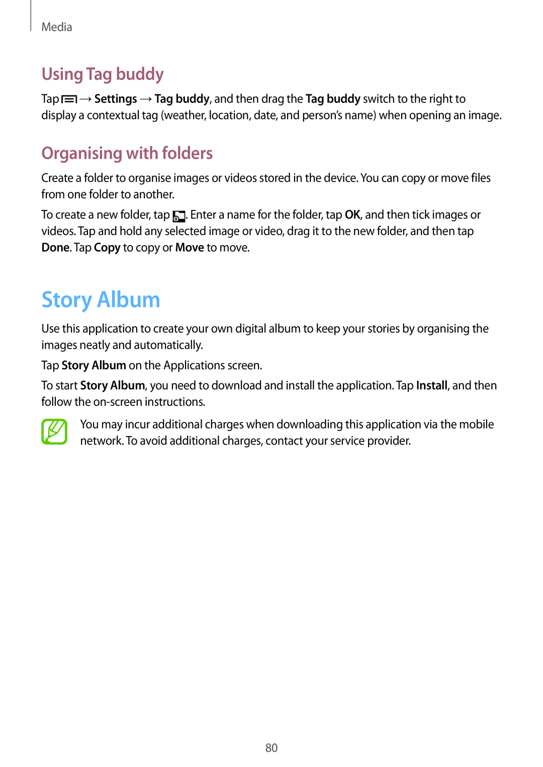 Samsung SM-G7102VBAACR, SM-G7102ZDAMID, SM-G7102ZDAXSG manual Story Album, Using Tag buddy, Organising with folders, Media 