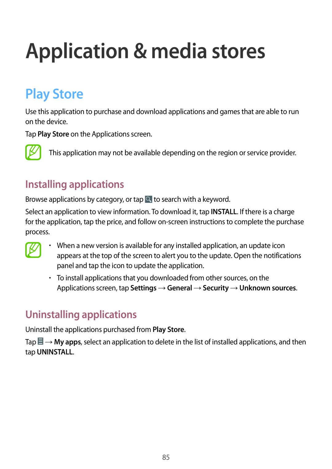 Samsung SM-G7102ZWAACR manual Application & media stores, Play Store, Installing applications, Uninstalling applications 