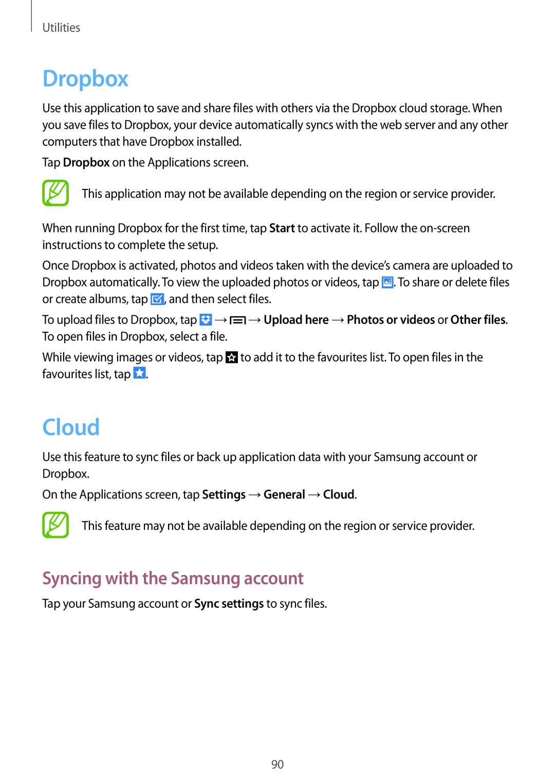 Samsung SM-G7102ZKAACR, SM-G7102ZDAMID, SM-G7102ZDAXSG manual Dropbox, Cloud, Syncing with the Samsung account, Utilities 