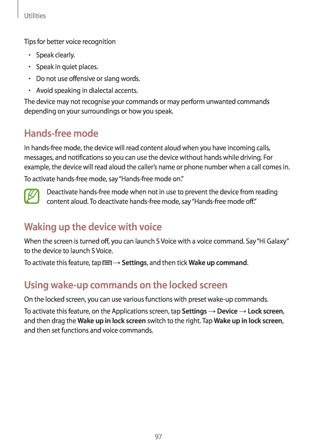 Samsung SM-G7102ZWATMC manual Hands-free mode, Waking up the device with voice, Using wake-up commands on the locked screen 