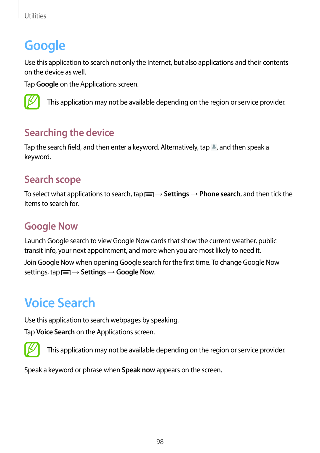 Samsung SM-G7102VBABTC, SM-G7102ZDAMID manual Voice Search, Searching the device, Search scope, Google Now, Utilities 