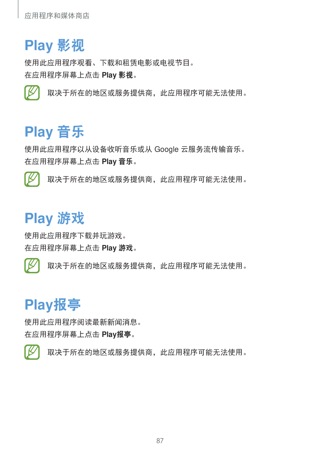 Samsung SM-G7102ZDAXXV, SM-G7102ZKAXXV, SM-G7102ZWAXXV manual Play 影视, Play 音乐, Play 游戏, Play报亭 