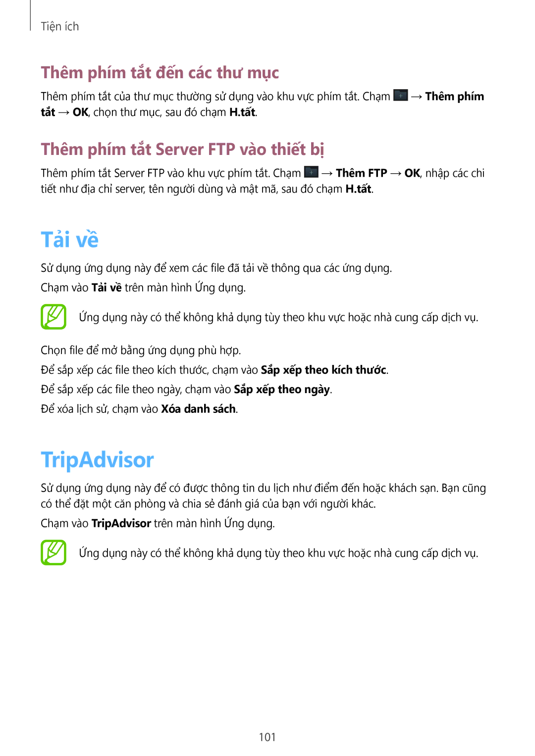 Samsung SM-G7102ZWAXXV manual Tải về, TripAdvisor, Thêm phím tắt đến các thư mục, Thêm phím tắt Server FTP vào thiết bị 