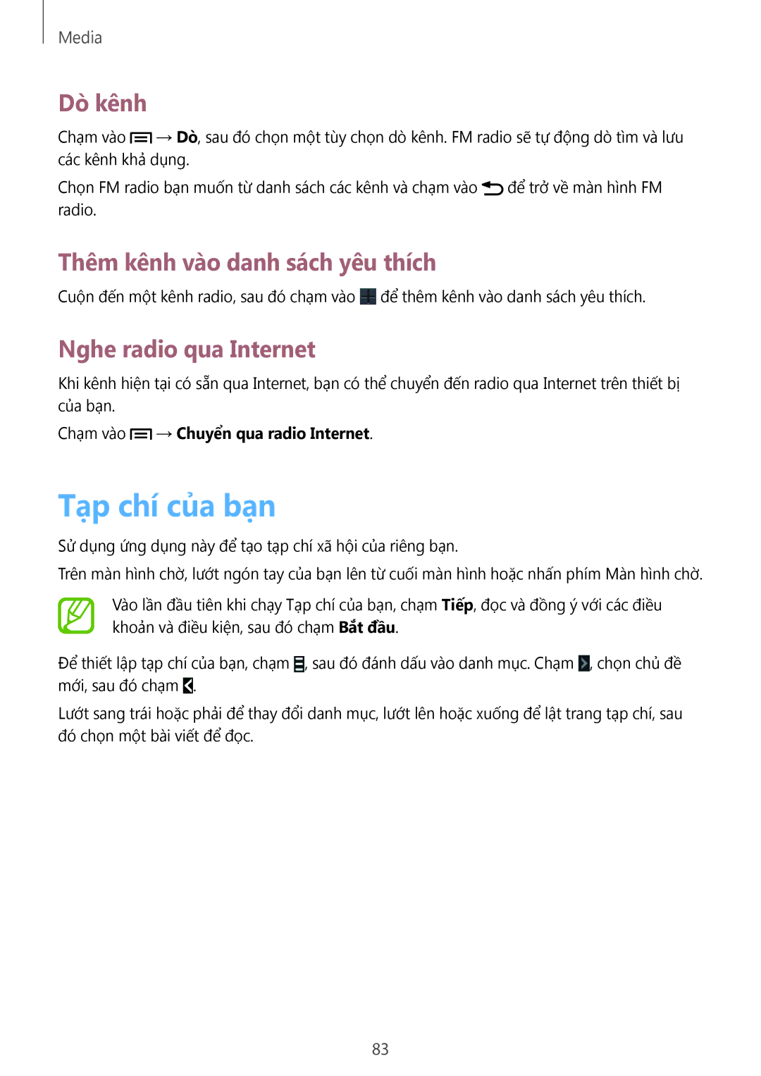 Samsung SM-G7102ZWAXXV manual Tạp chí của bạn, Dò̀ kênh, Thêm kênh vào danh sách yêu thích, Nghe radio qua Internet 