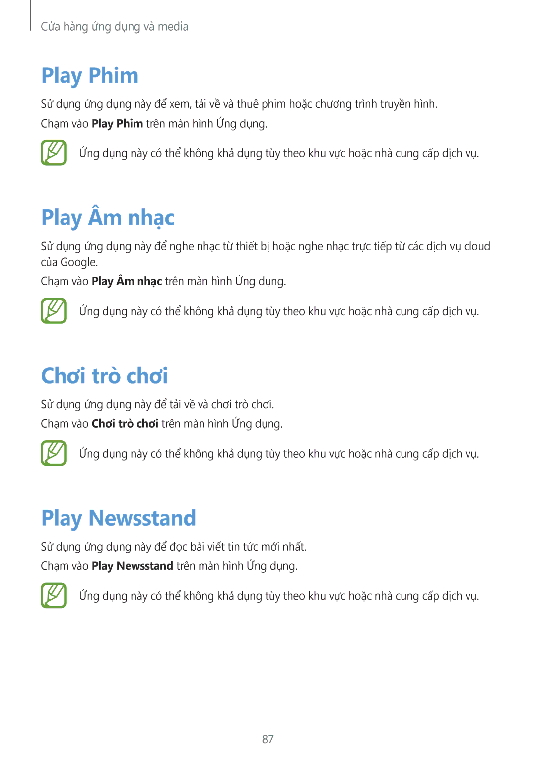 Samsung SM-G7102ZDAXXV, SM-G7102ZKAXXV, SM-G7102ZWAXXV manual Play Phim, Play Âm nhac, Chơi trò̀ chơi, Play Newsstand 