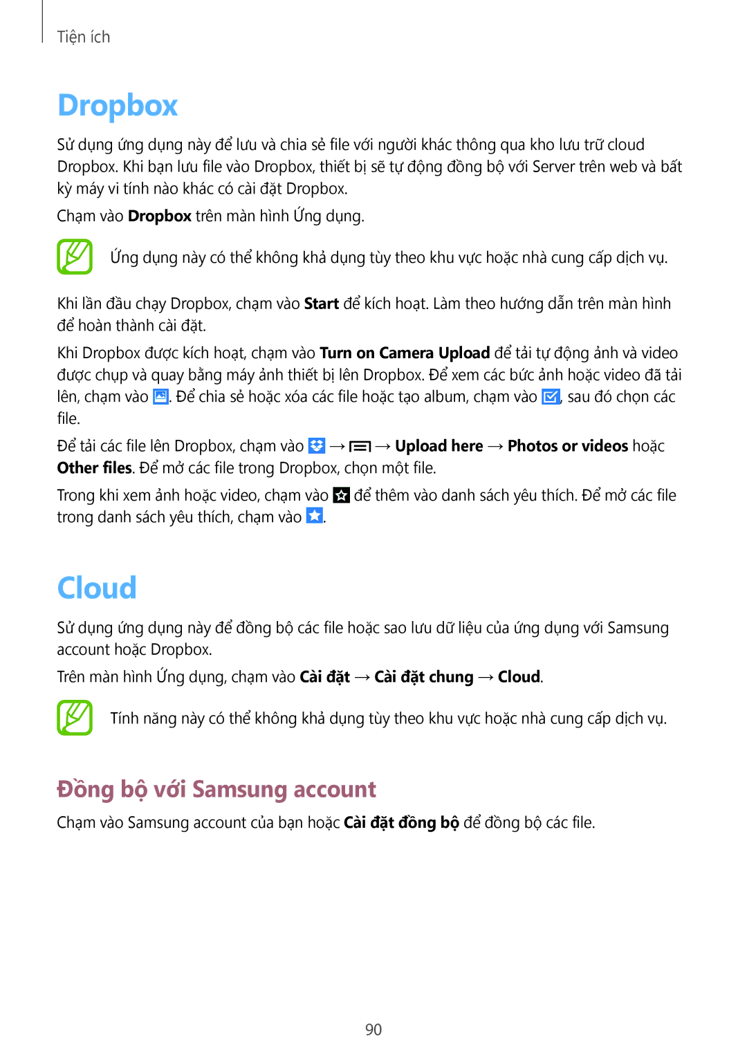 Samsung SM-G7102ZDAXXV, SM-G7102ZKAXXV, SM-G7102ZWAXXV manual Dropbox, Cloud, Đồng bộ với Samsung account 