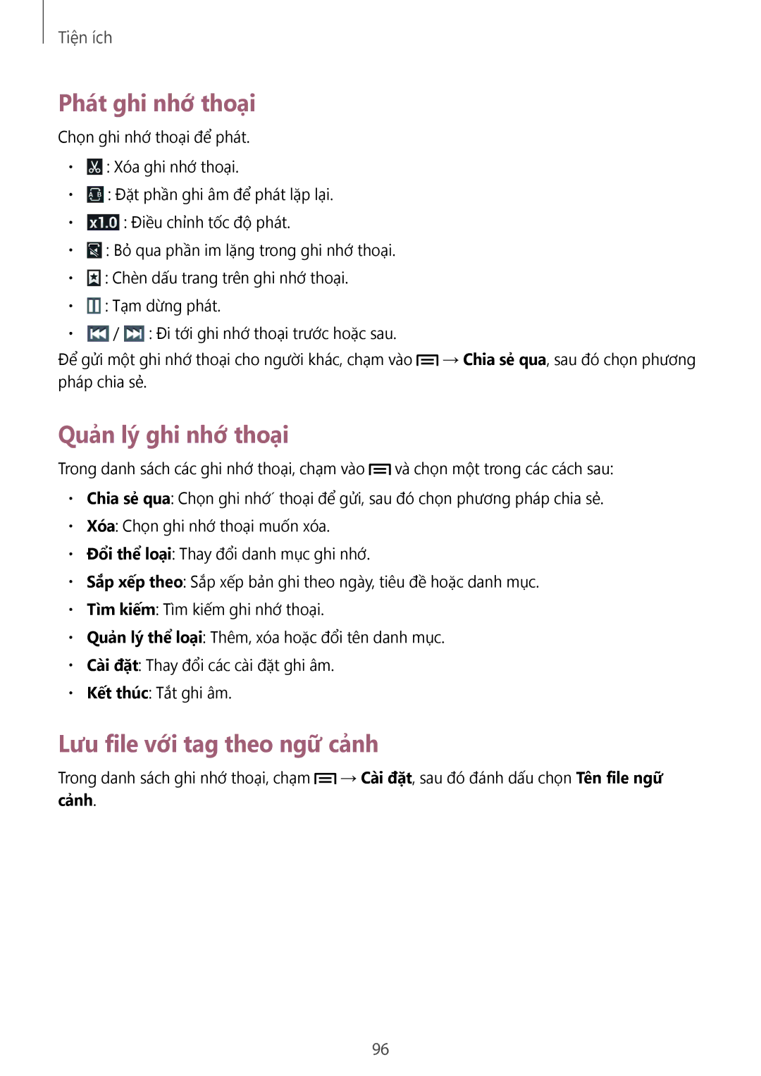 Samsung SM-G7102ZDAXXV, SM-G7102ZKAXXV manual Phát ghi nhớ thoại, Quản lý ghi nhớ thoại, Lưu file với tag theo ngữ cảnh 