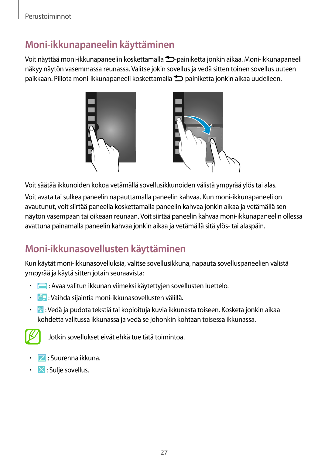 Samsung SM-G7105ZIANEE, SM-G7105ZBANEE, SM-G7105ZKANEE Moni-ikkunapaneelin käyttäminen, Moni-ikkunasovellusten käyttäminen 