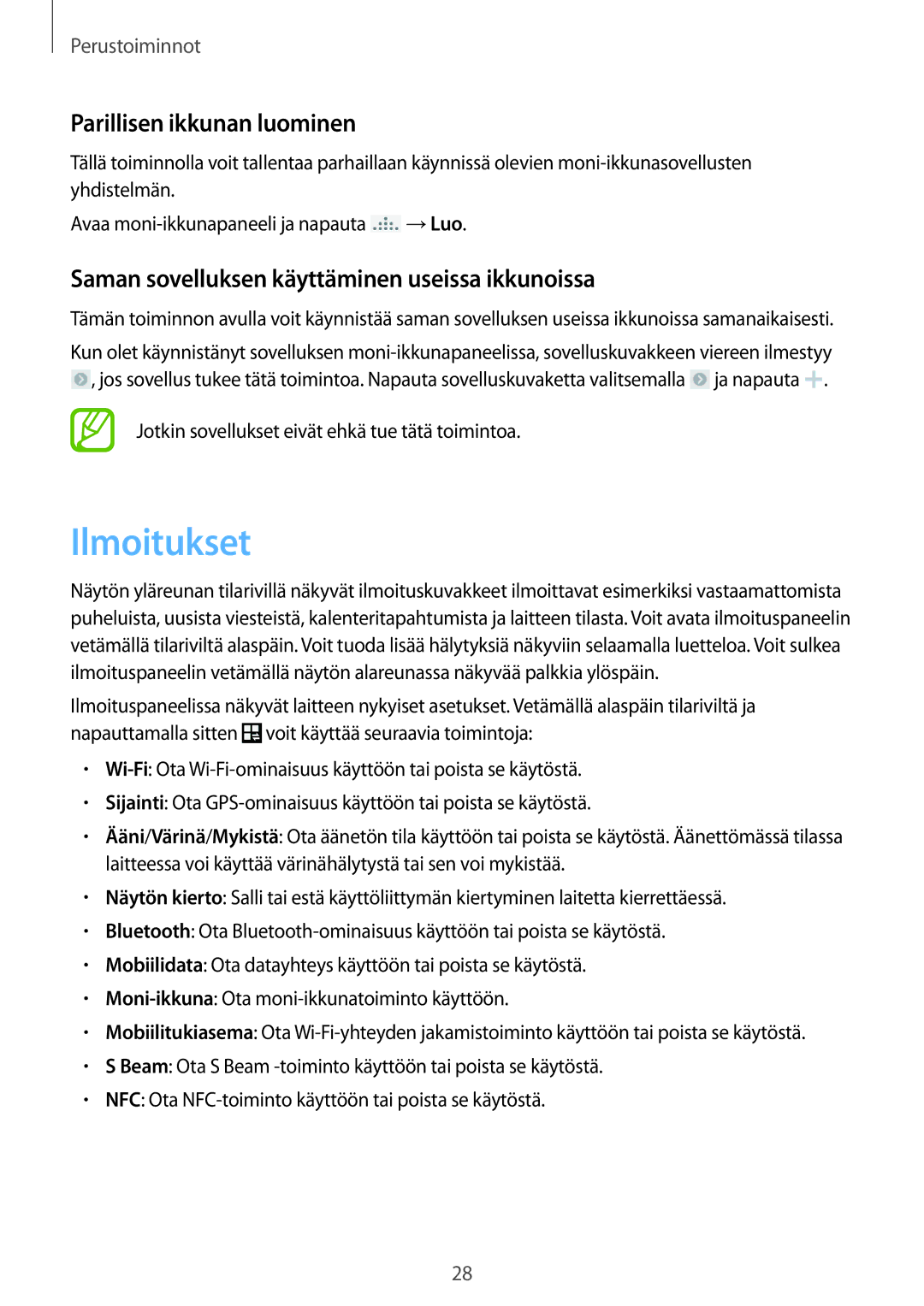 Samsung SM-G7105ZBANEE manual Ilmoitukset, Parillisen ikkunan luominen, Saman sovelluksen käyttäminen useissa ikkunoissa 