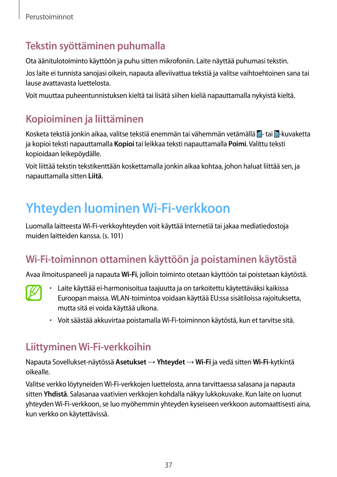 Samsung SM-G7105ZKANEE manual Yhteyden luominen Wi-Fi-verkkoon, Tekstin syöttäminen puhumalla, Kopioiminen ja liittäminen 