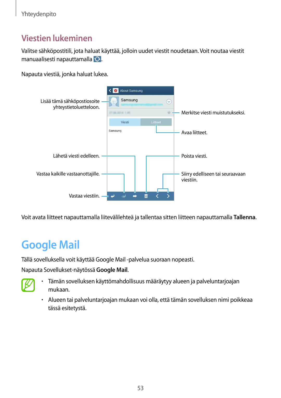 Samsung SM-G7105ZKANEE, SM-G7105ZBANEE, SM-G7105ZWANEE, SM-G7105ZIANEE manual Google Mail, Viestien lukeminen 