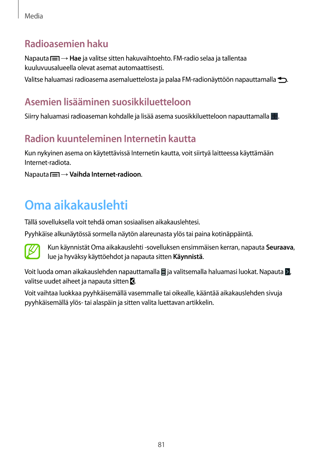 Samsung SM-G7105ZKANEE, SM-G7105ZBANEE manual Oma aikakauslehti, Radioasemien haku, Asemien lisääminen suosikkiluetteloon 