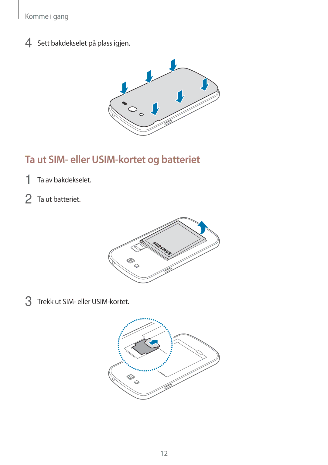 Samsung SM-G7105ZBANEE, SM-G7105ZKANEE, SM-G7105ZWANEE, SM-G7105ZIANEE manual Ta ut SIM- eller USIM-kortet og batteriet 