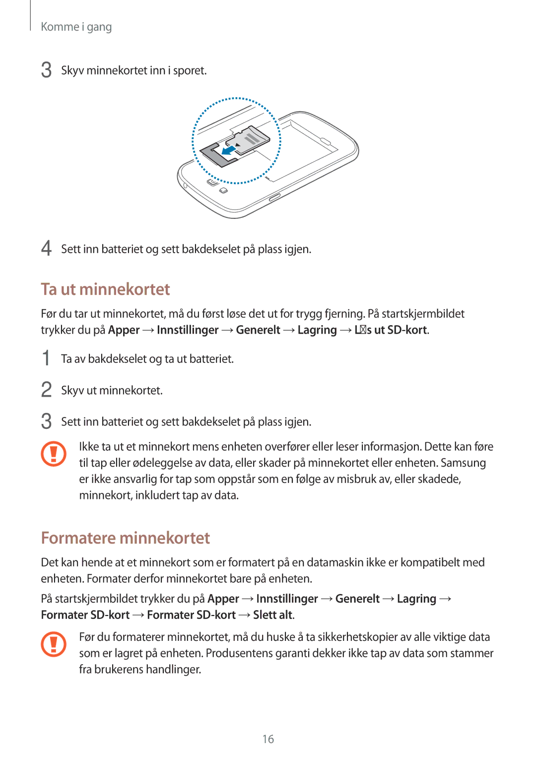 Samsung SM-G7105ZBANEE, SM-G7105ZKANEE, SM-G7105ZWANEE, SM-G7105ZIANEE manual Ta ut minnekortet, Formatere minnekortet 