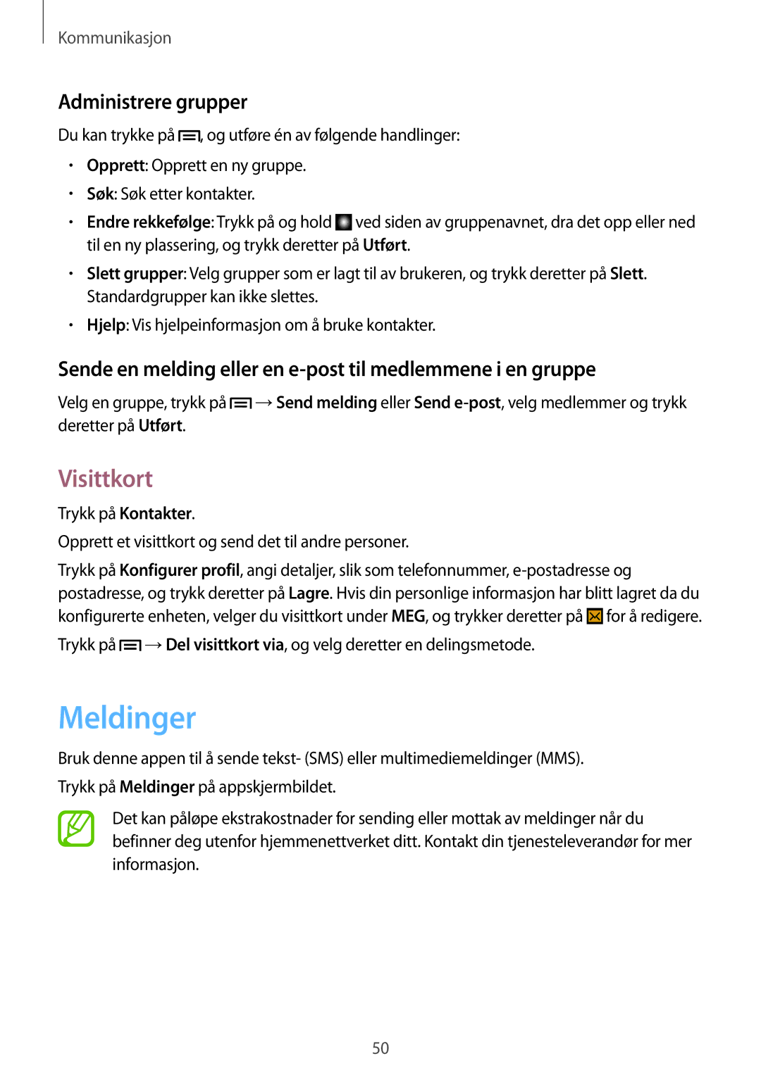 Samsung SM-G7105ZWANEE, SM-G7105ZBANEE, SM-G7105ZKANEE, SM-G7105ZIANEE manual Meldinger, Visittkort, Administrere grupper 