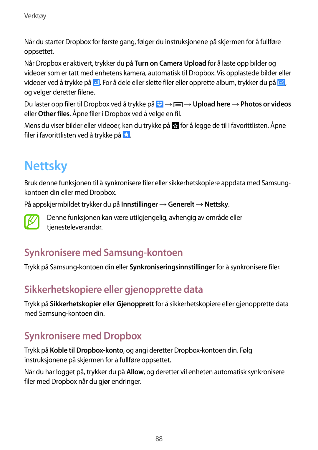 Samsung SM-G7105ZBANEE manual Nettsky, Synkronisere med Samsung-kontoen, Sikkerhetskopiere eller gjenopprette data 