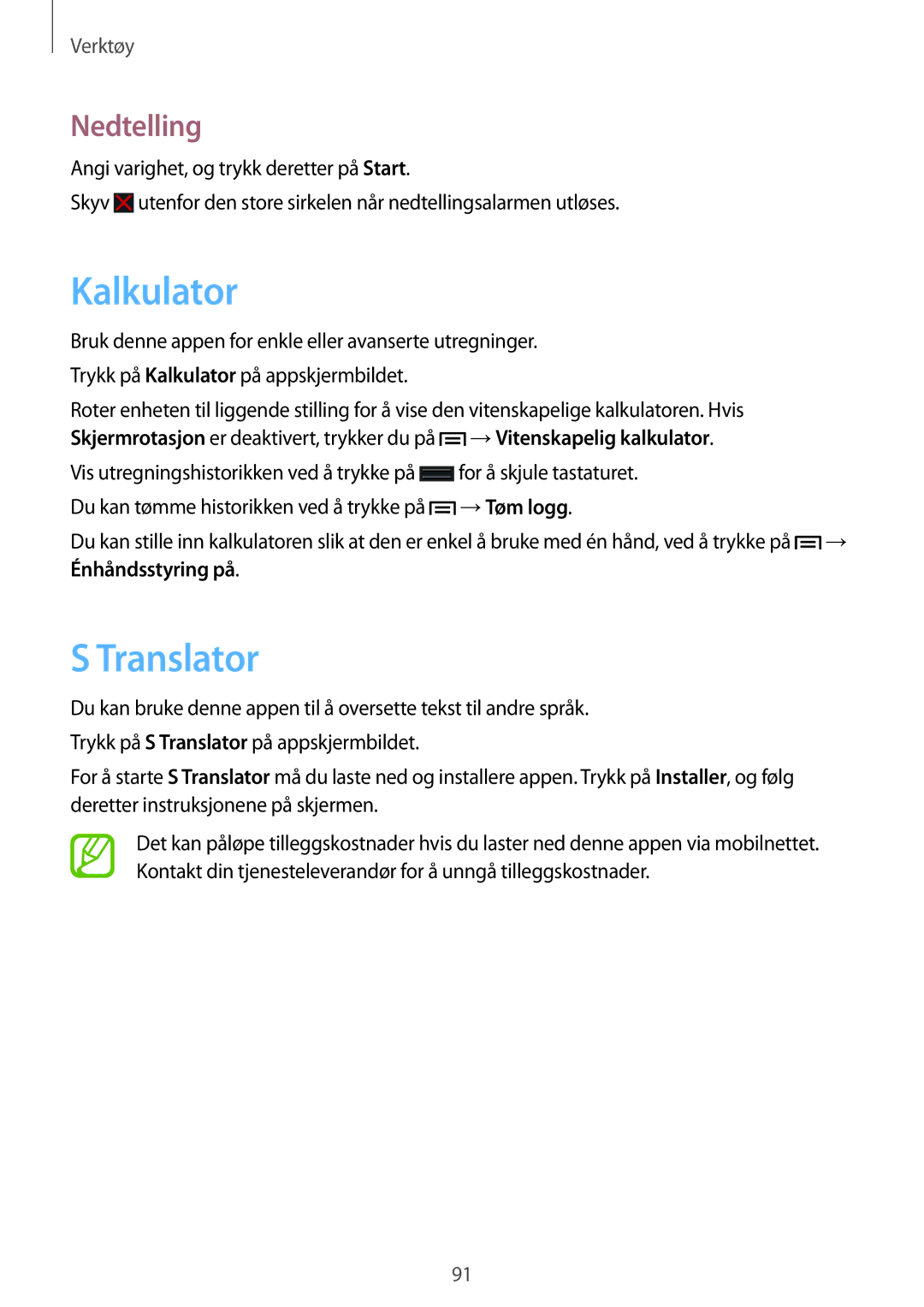 Samsung SM-G7105ZIANEE, SM-G7105ZBANEE, SM-G7105ZKANEE, SM-G7105ZWANEE manual Kalkulator, Translator, Nedtelling 