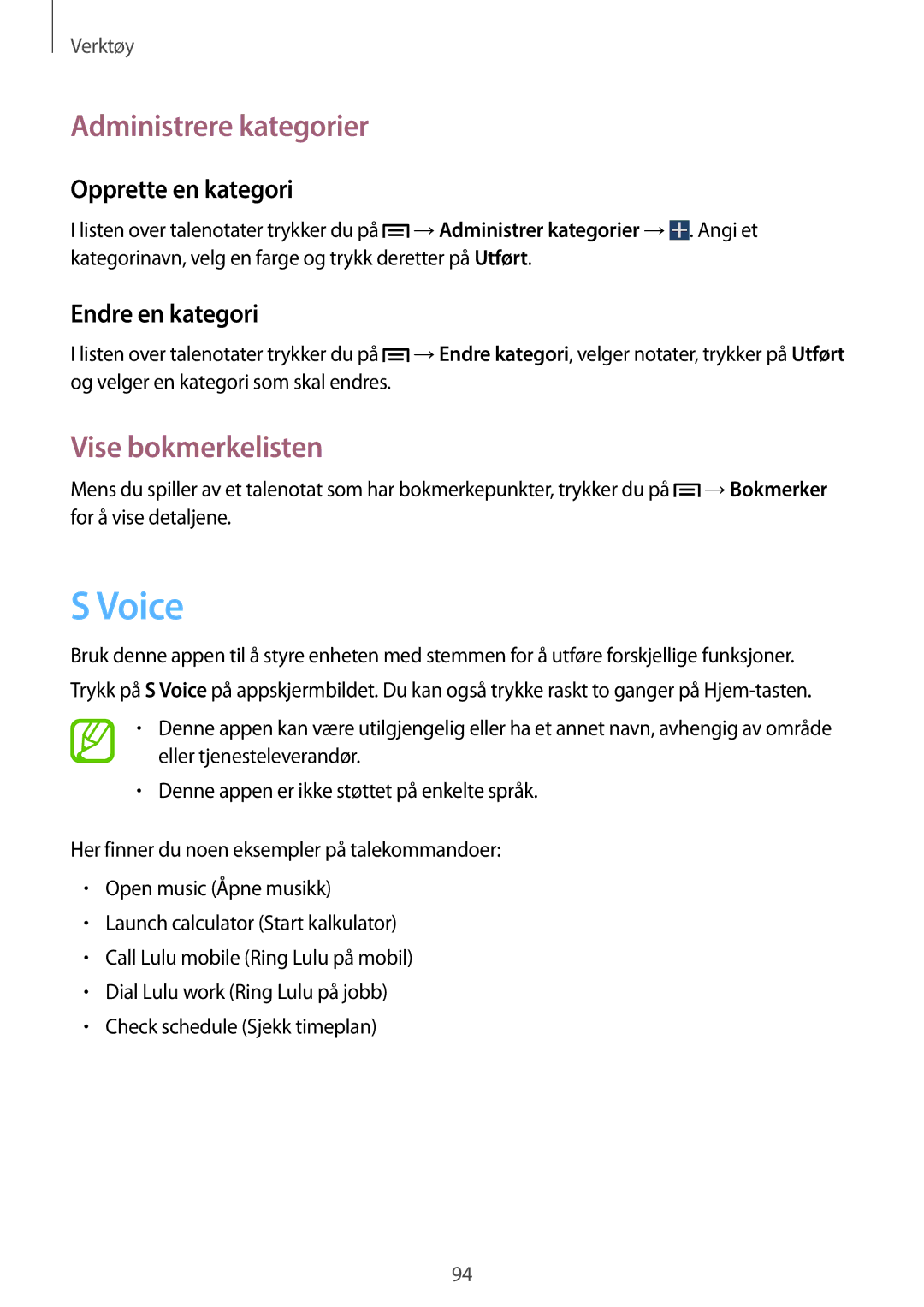 Samsung SM-G7105ZWANEE manual Voice, Administrere kategorier, Vise bokmerkelisten, Opprette en kategori, Endre en kategori 
