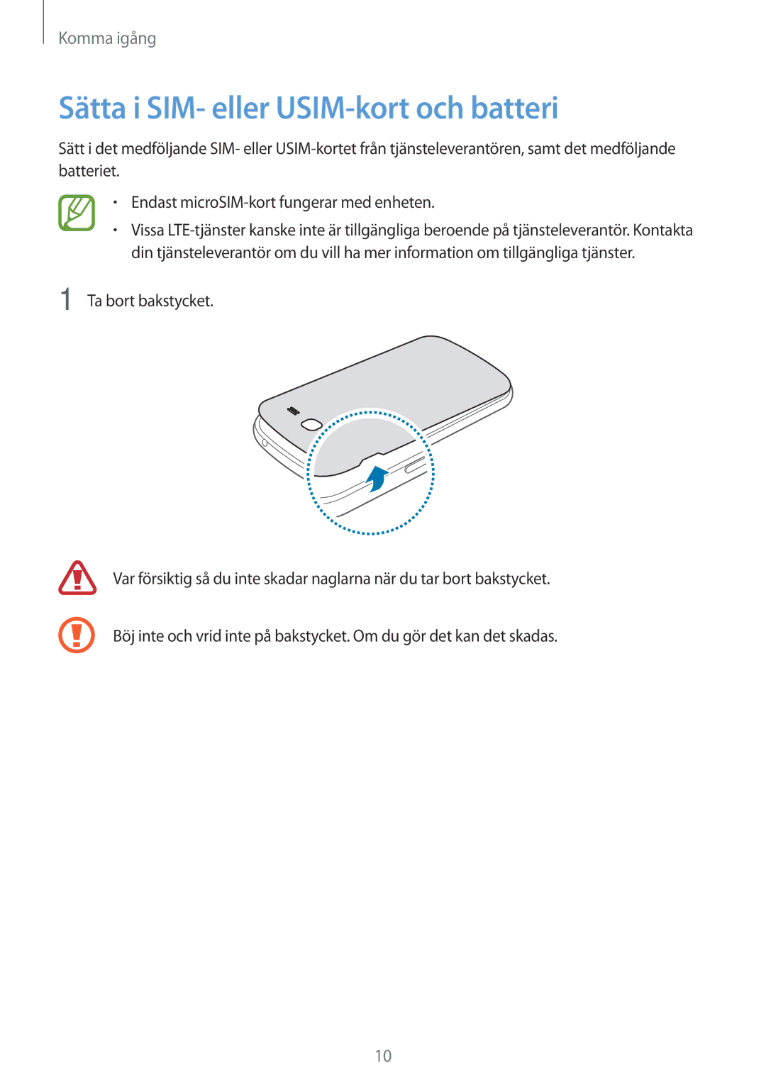 Samsung SM-G7105ZWANEE, SM-G7105ZBANEE, SM-G7105ZKANEE, SM-G7105ZIANEE manual Sätta i SIM- eller USIM-kort och batteri 