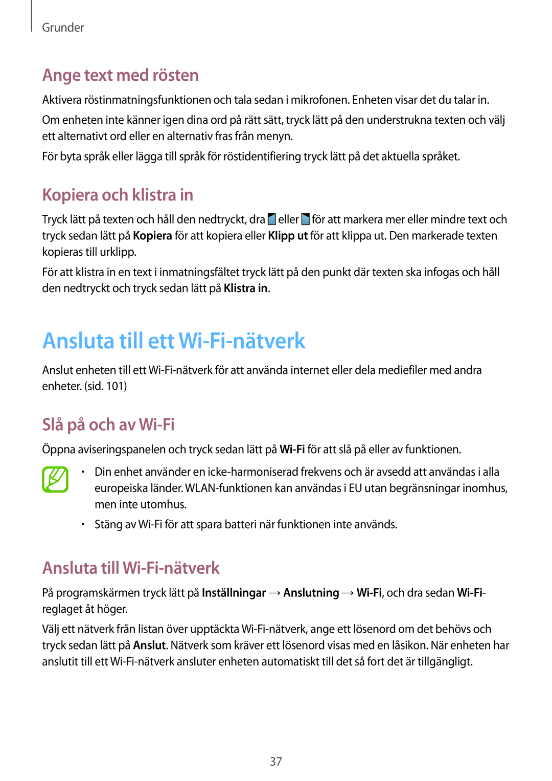 Samsung SM-G7105ZKANEE Ansluta till ett Wi-Fi-nätverk, Ange text med rösten, Kopiera och klistra, Slå på och av Wi-Fi 