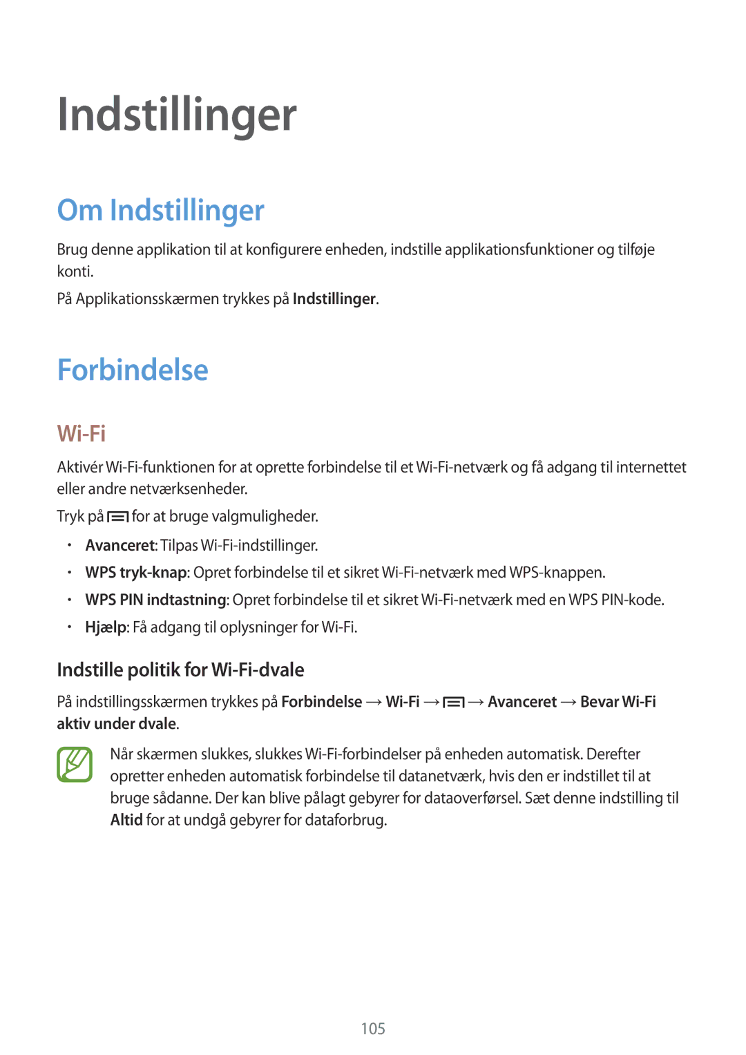 Samsung SM-G7105ZKANEE, SM-G7105ZBANEE manual Om Indstillinger, Forbindelse, Indstille politik for Wi-Fi-dvale 