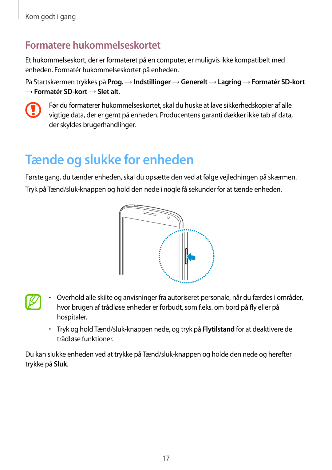 Samsung SM-G7105ZKANEE manual Tænde og slukke for enheden, Formatere hukommelseskortet, → Formatér SD-kort →Slet alt 