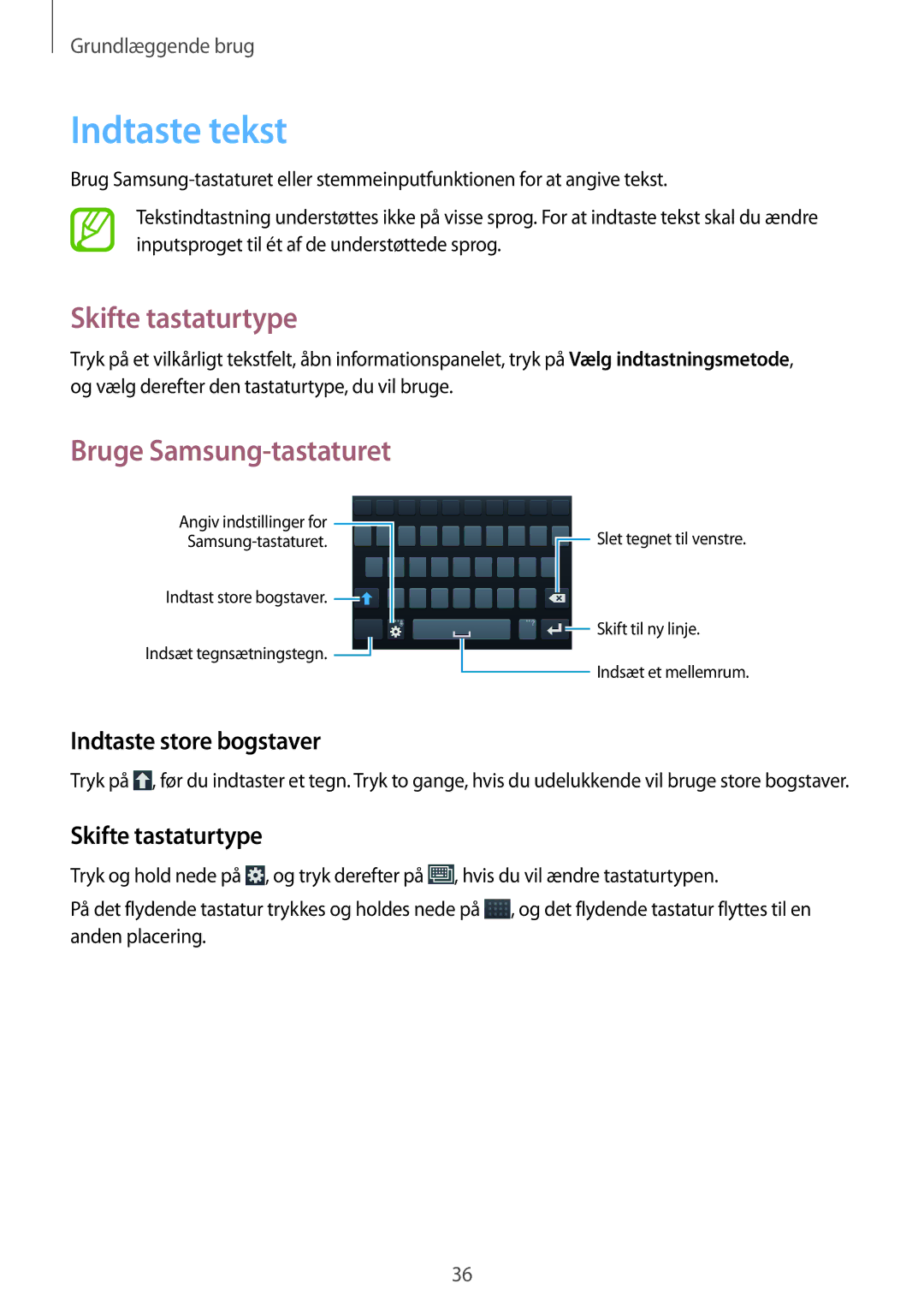 Samsung SM-G7105ZBANEE manual Indtaste tekst, Skifte tastaturtype, Bruge Samsung-tastaturet, Indtaste store bogstaver 