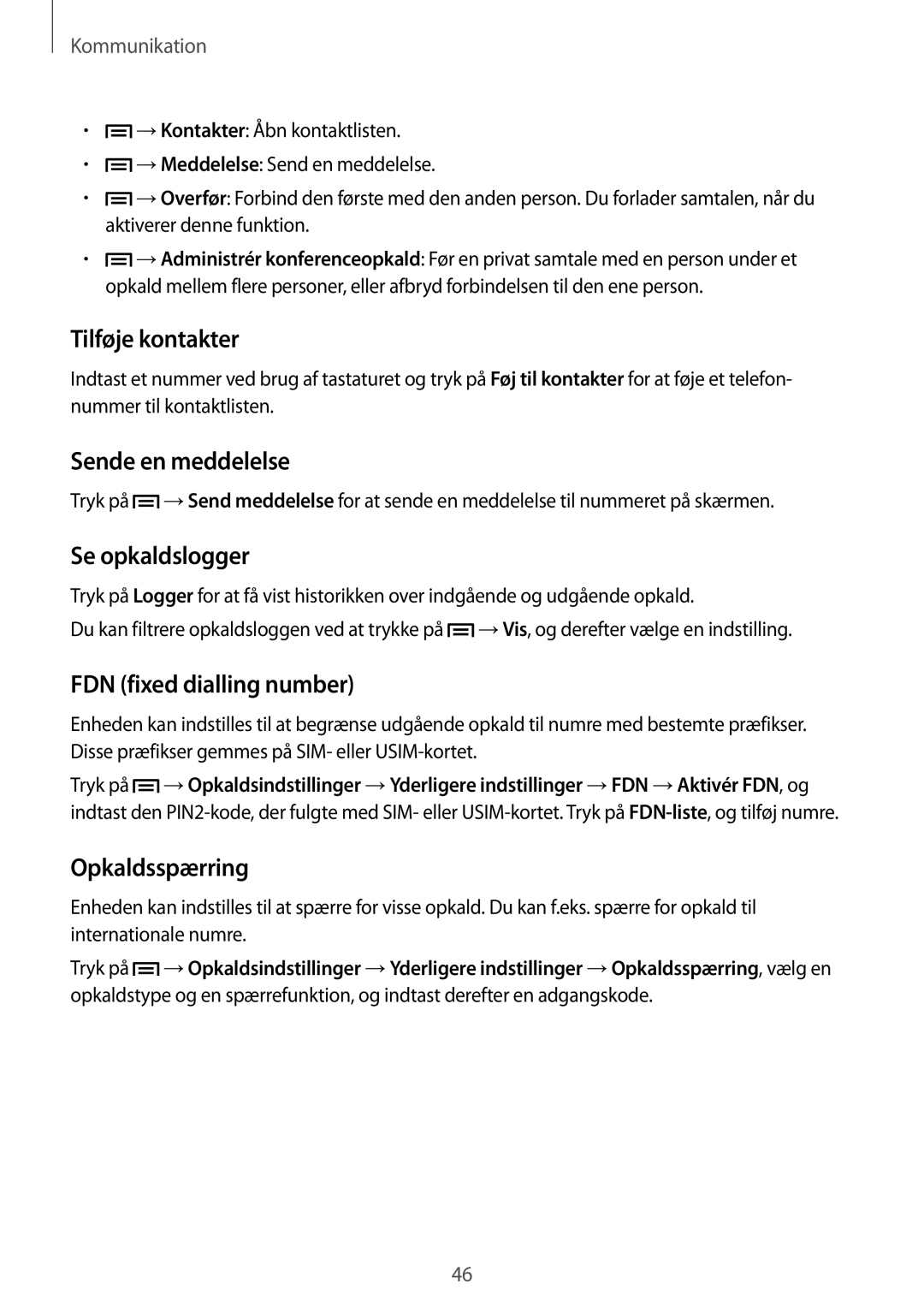 Samsung SM-G7105ZWANEE, SM-G7105ZBANEE Tilføje kontakter, Sende en meddelelse, Se opkaldslogger, FDN fixed dialling number 