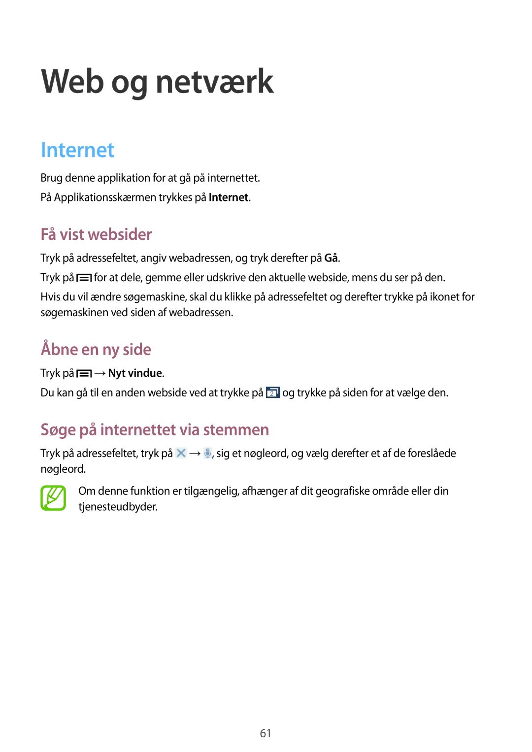 Samsung SM-G7105ZKANEE manual Web og netværk, Internet, Få vist websider, Åbne en ny side, Søge på internettet via stemmen 