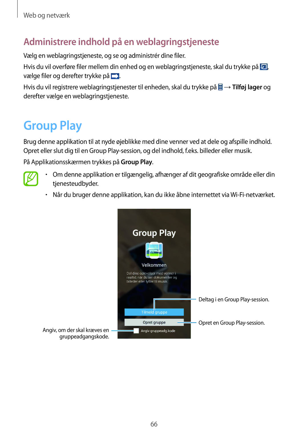 Samsung SM-G7105ZWANEE, SM-G7105ZBANEE, SM-G7105ZKANEE manual Group Play, Administrere indhold på en weblagringstjeneste 